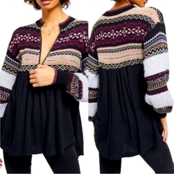 Free People | Women’s Black/Purple/Metallic Cabin Fever Swit FairIsle Sweater XS - Picture 4 of 16